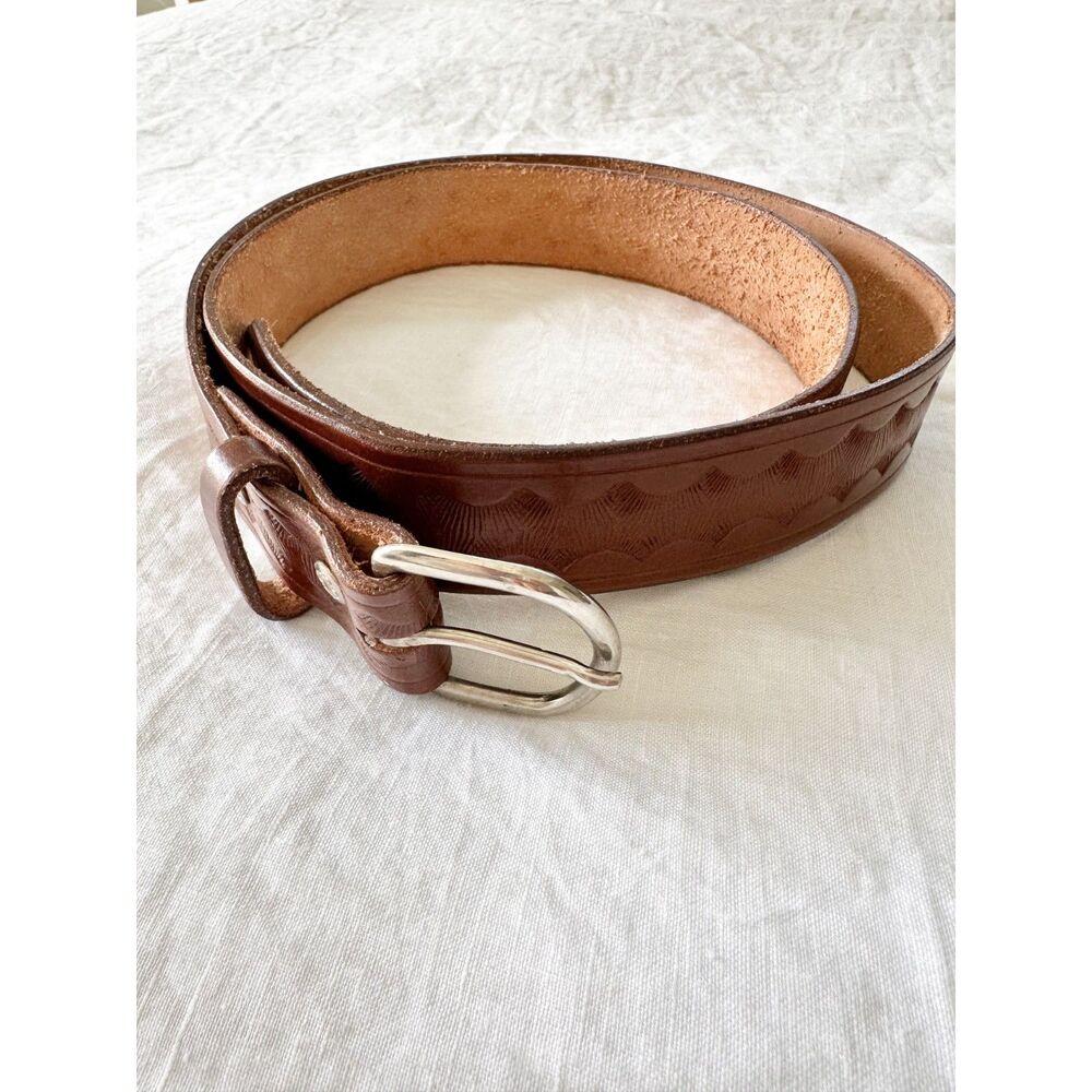 Men's 44 Brown Tooled Genuine Leather Belt Made in USA Western Cowboy